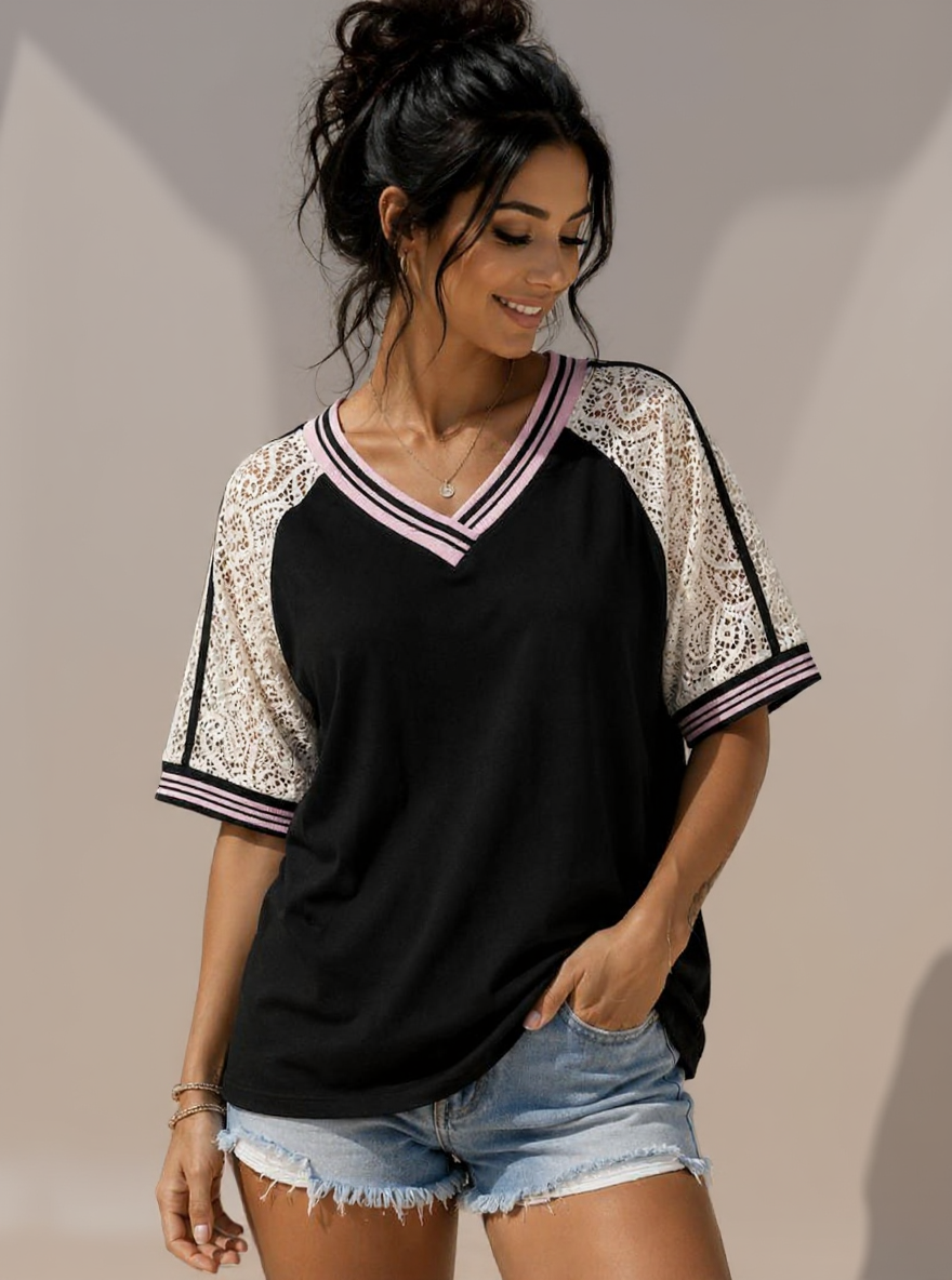 T-shirt met kanten mouwen zwart, Onesize fits to 42