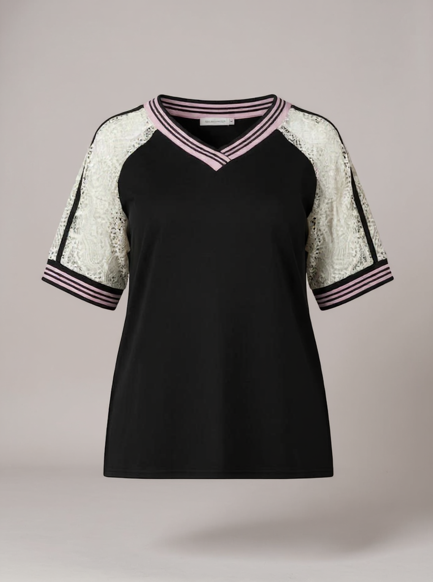T-shirt met kanten mouwen zwart, Onesize fits to 42