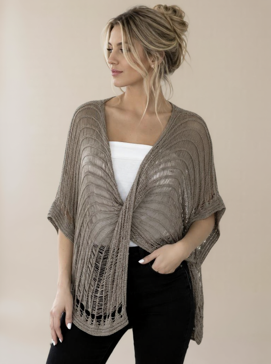 Taupe bohemian poncho in openwork knit