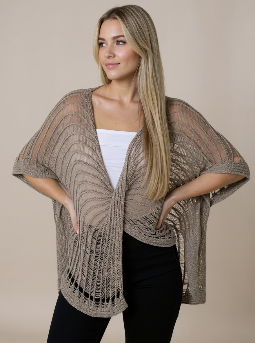 Taupe bohemian poncho in openwork knit