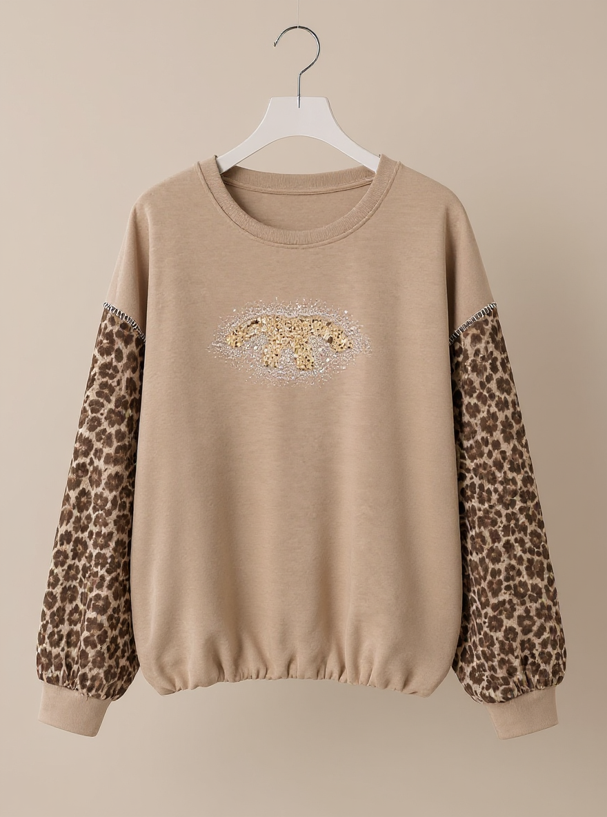 Trui Taupe C met leopard mouwen One size (tot 44)