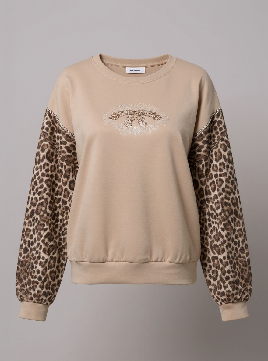 Trui Taupe C met leopard mouwen One size (tot 44)