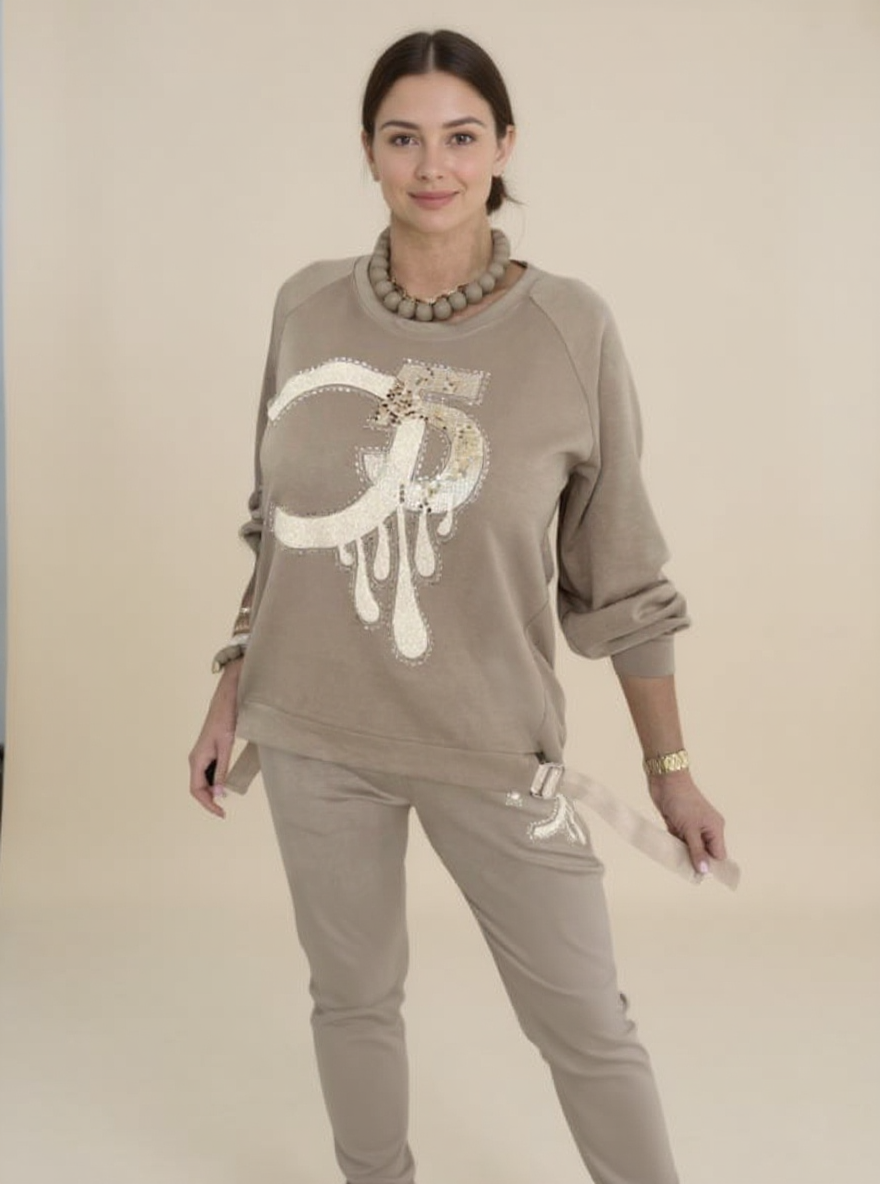Taupe NO 5 CC Drop Sparkley Fine knit shirt, 1 maat draagbaar t/m 44
