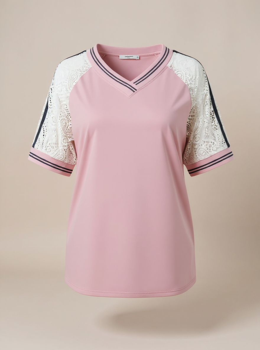 T-shirt met kanten mouwen roze, Onesize Passend tot mt 42