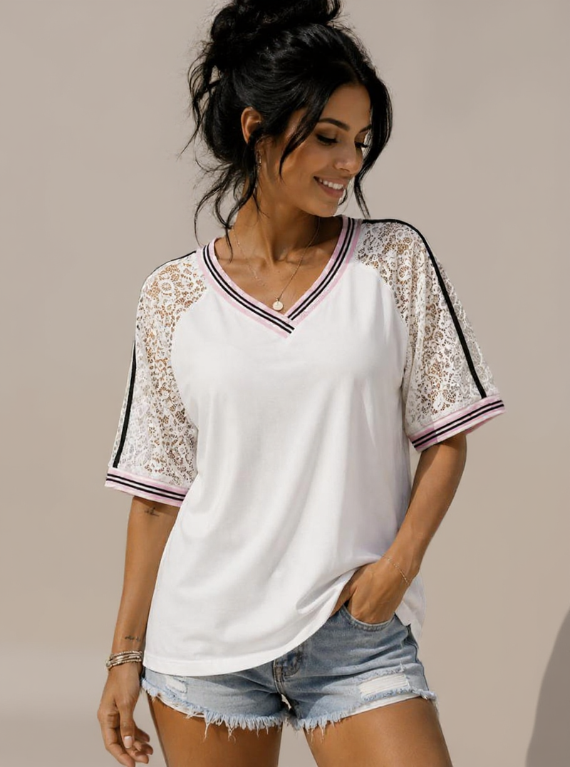 T-shirt met kanten mouwen wit, Onesize fits to 42