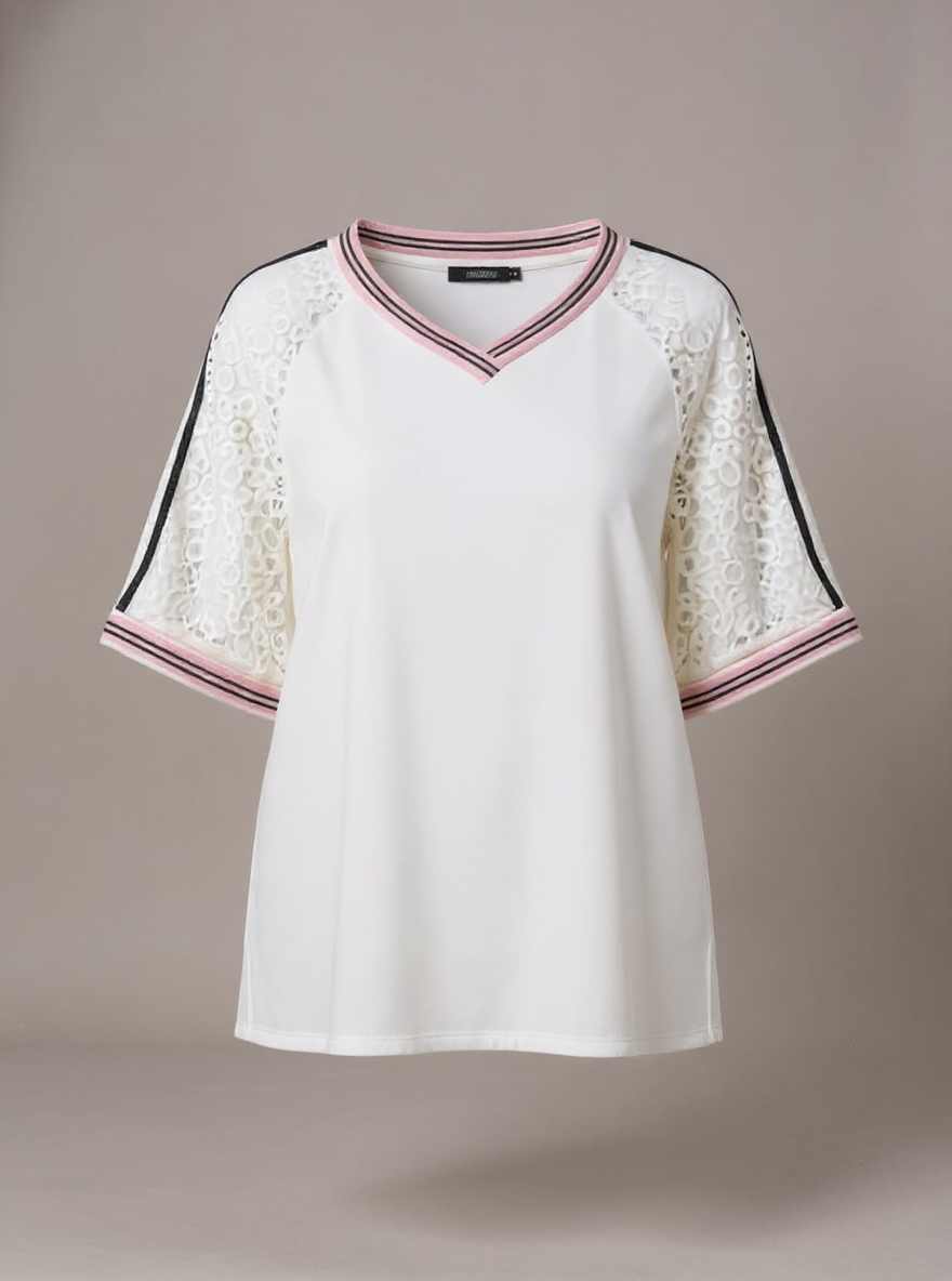 T-shirt met kanten mouwen wit, Onesize fits to 42