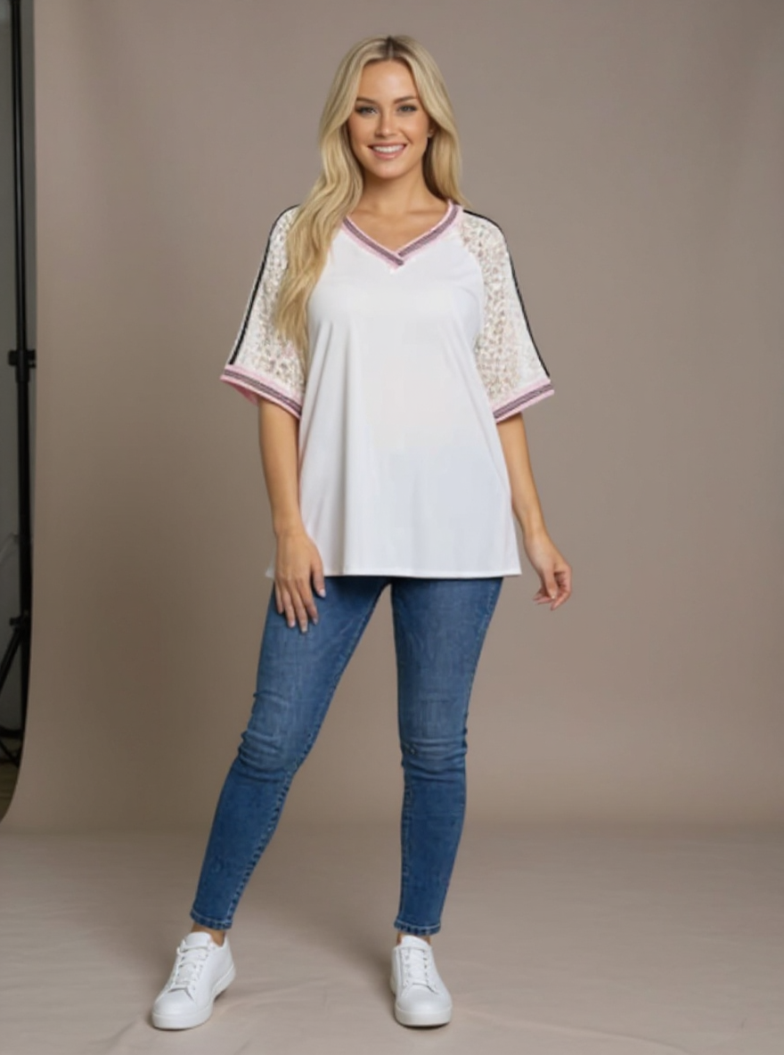 T-shirt met kanten mouwen wit, Onesize fits to 42
