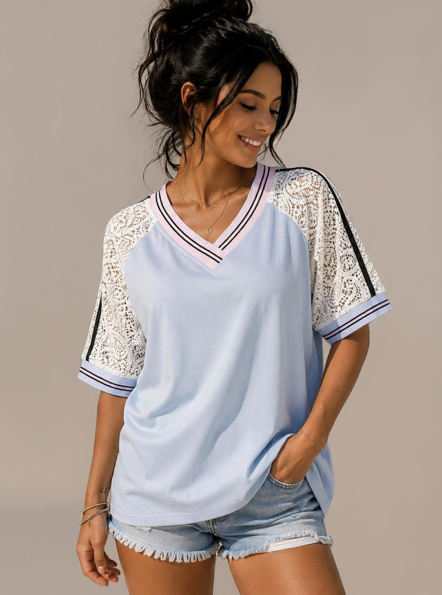 T-shirt met kanten mouwen blauw, Onesize Passend tot mt 42