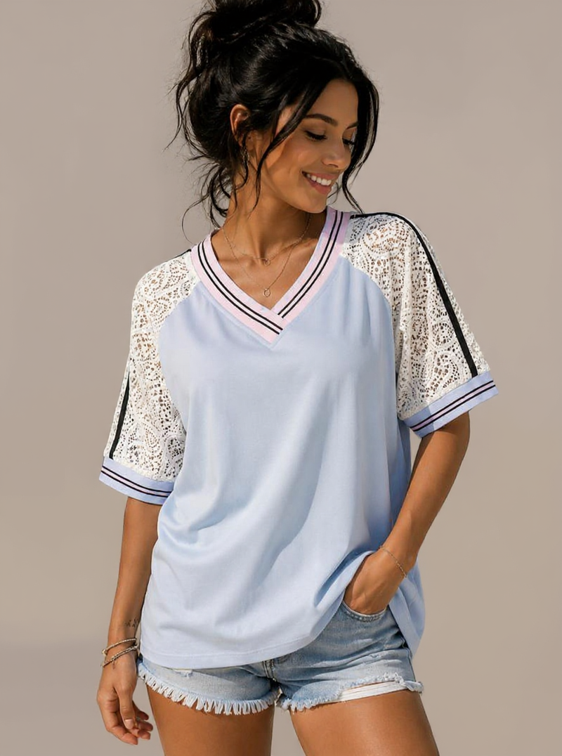 T-shirt met kanten mouwen blauw, Onesize Passend tot mt 42