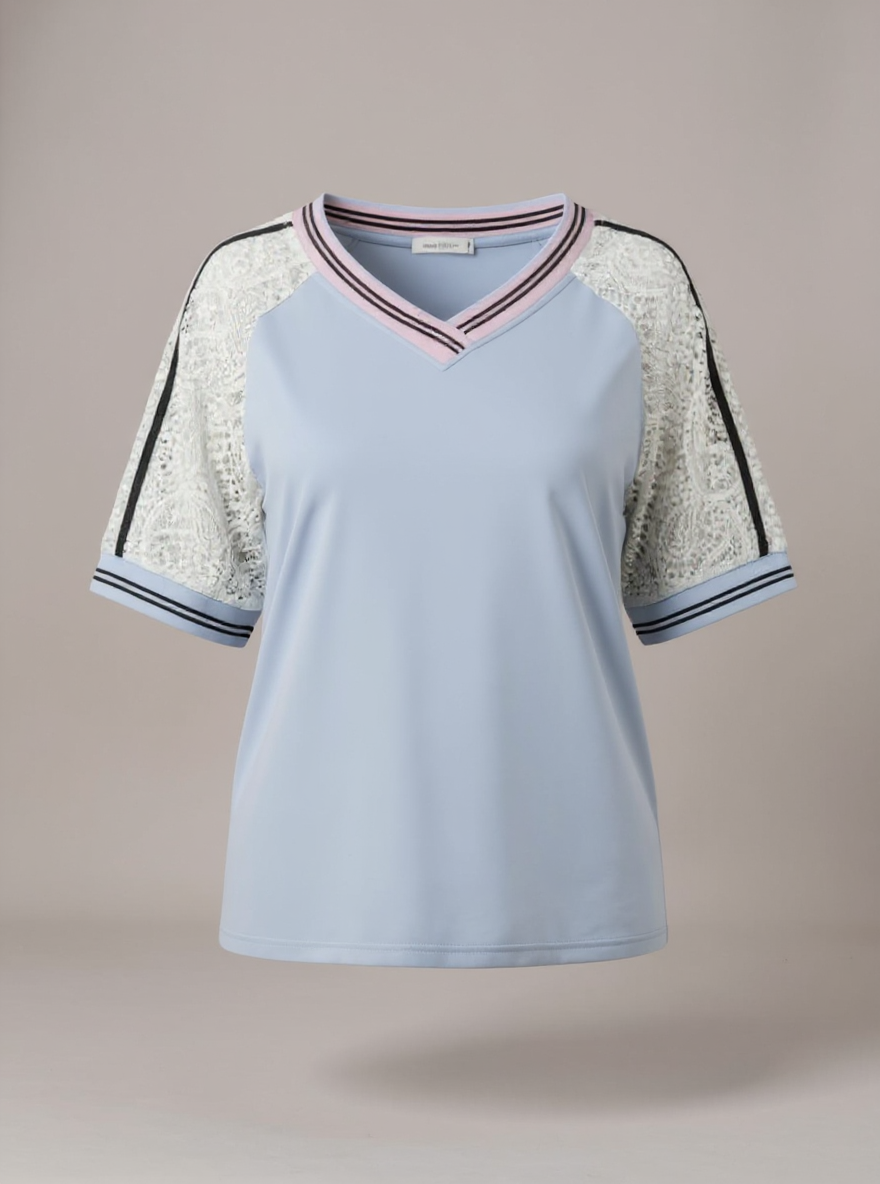 T-shirt met kanten mouwen blauw, Onesize Passend tot mt 42