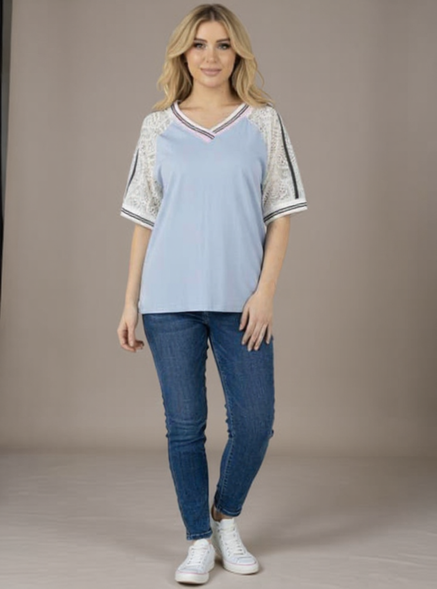 T-shirt met kanten mouwen blauw, Onesize Passend tot mt 42