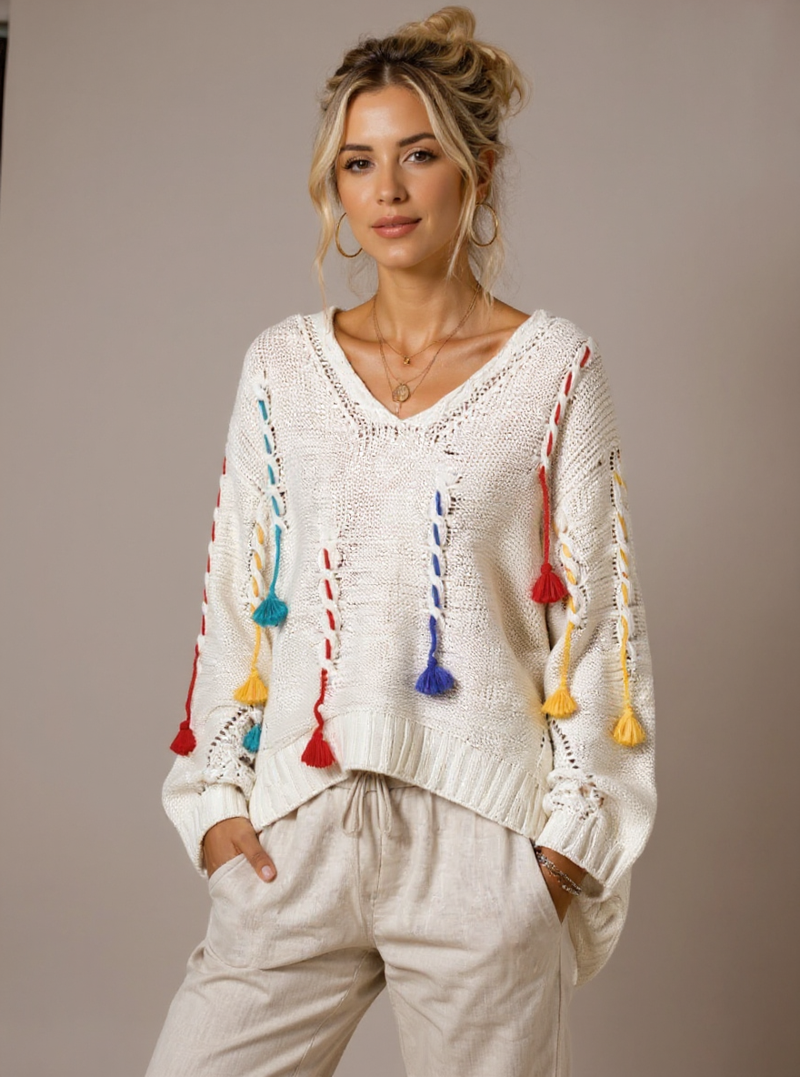 Ecru kabel trui met kleuren one size draagbaar tot mt M/XXXL
