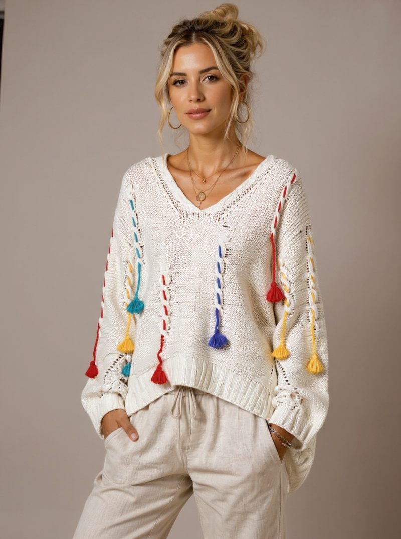 Ecru kabel trui met kleuren one size draagbaar tot mt M/XXXL