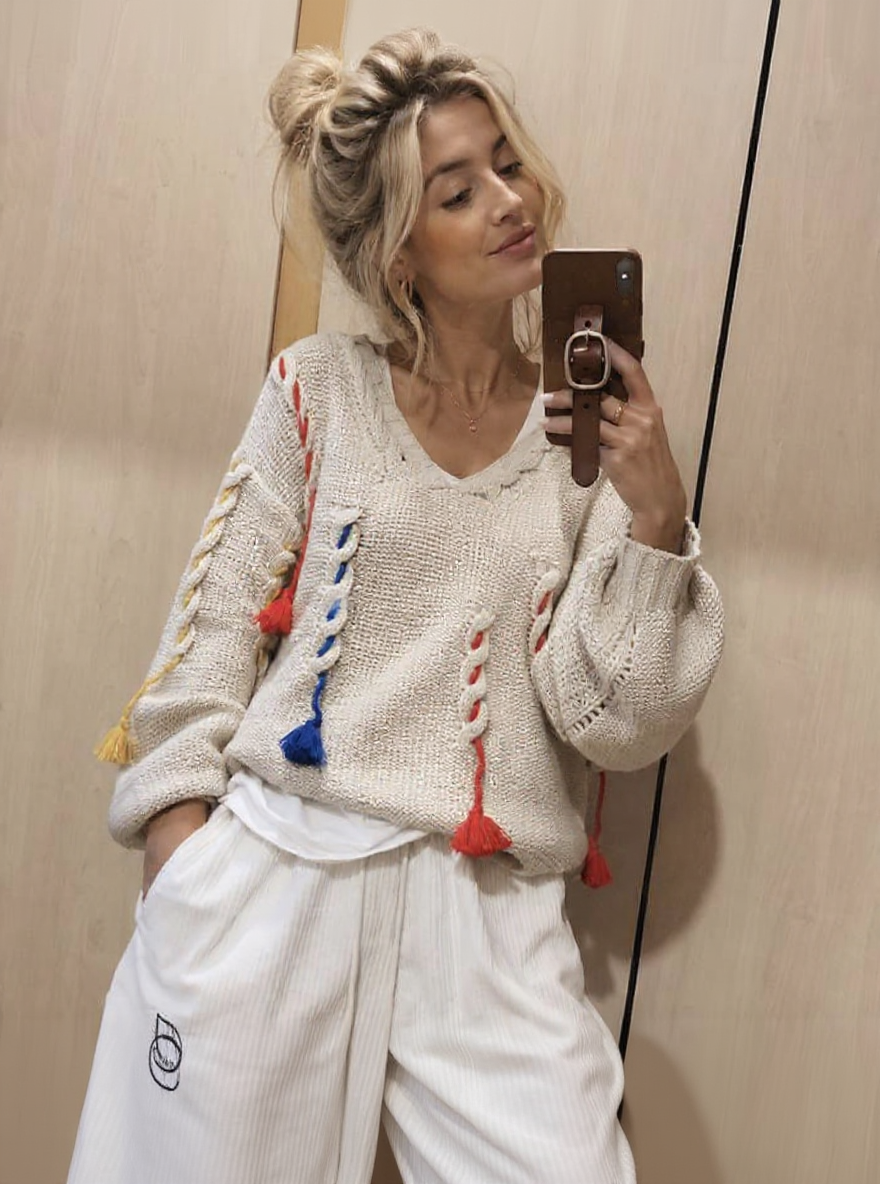 Ecru kabel trui met kleuren one size draagbaar tot mt M/XXXL