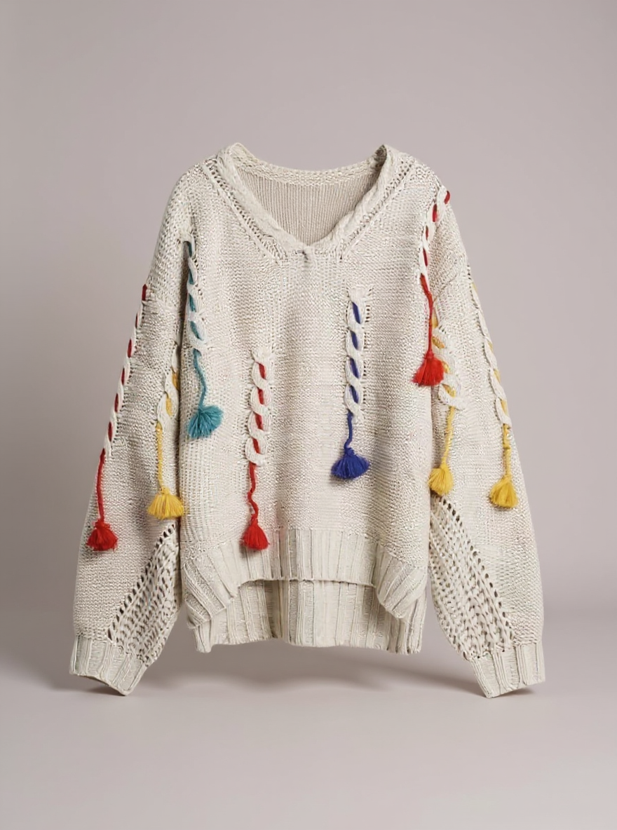 Ecru kabel trui met kleuren one size draagbaar tot mt M/XXXL