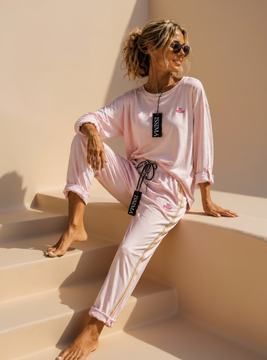 Zacht roze 2 delige Jog set met Neon bies