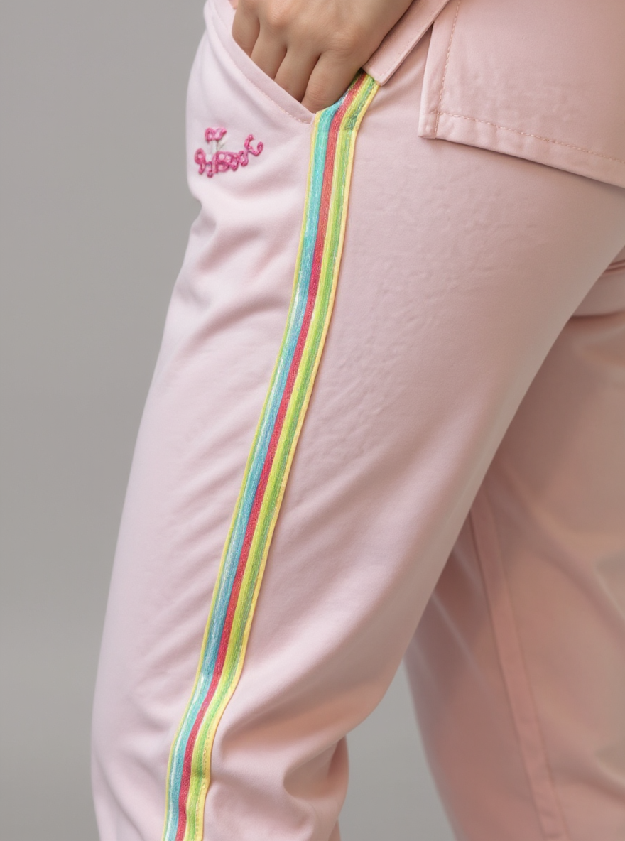 Zacht roze 2 delige Jog set met Neon bies