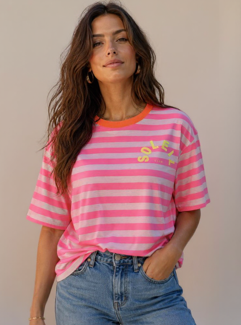 Tshirt neon Soleil Club Neon Roze gestreept OS draagbaar tot mt 42/44