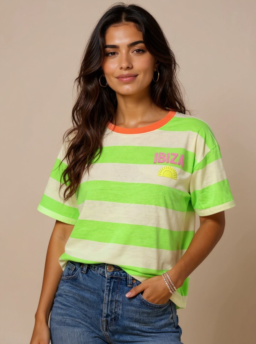 Tshirt Neon Groen met zacht geel gestreept IBIZA os (Past tot mt 44)