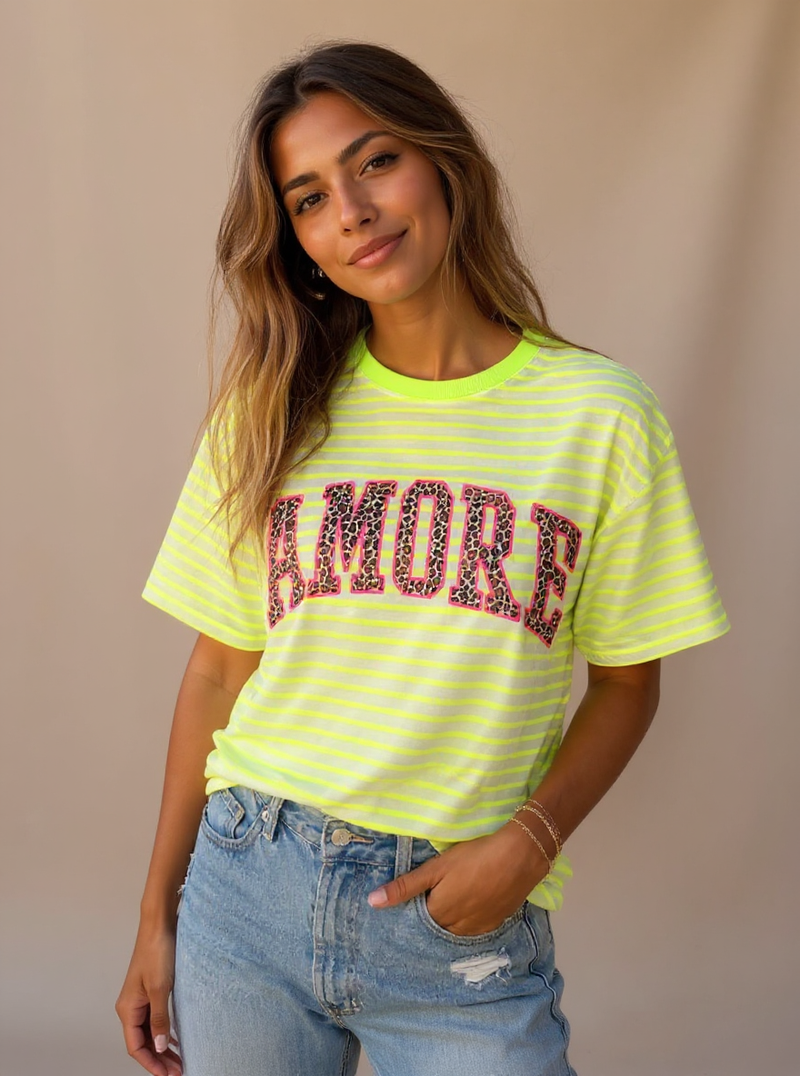 Tshirt neon geel gestreept Amore One Size past tot mt 44