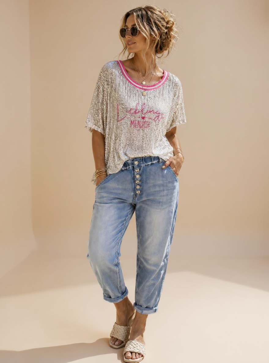 Liebling Sequin wit/zilver neon pink tshirt One size draagbaar tot 44