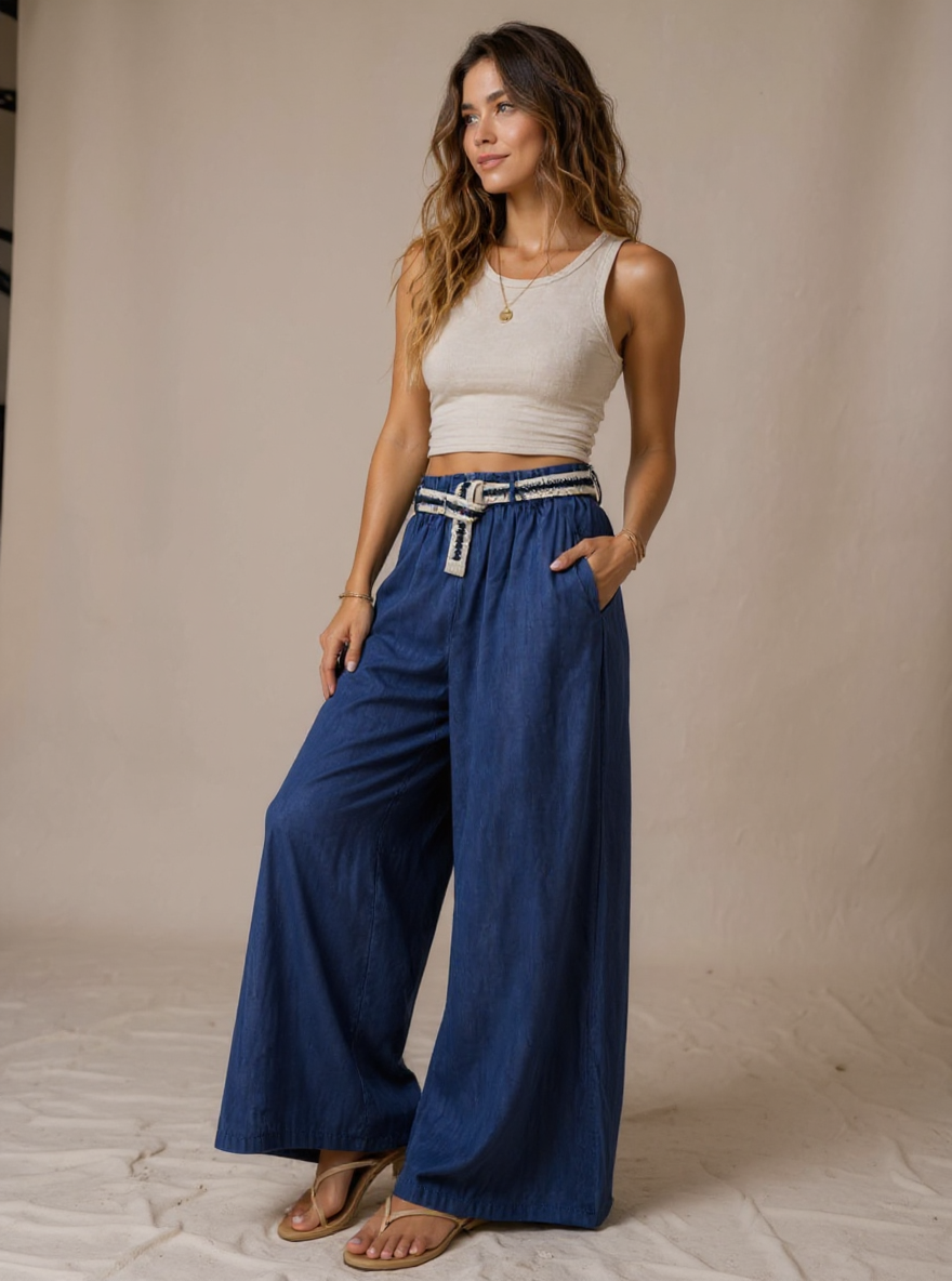 Wijd vallende zomer broek met ceintuur one size (Past tot mt 40)