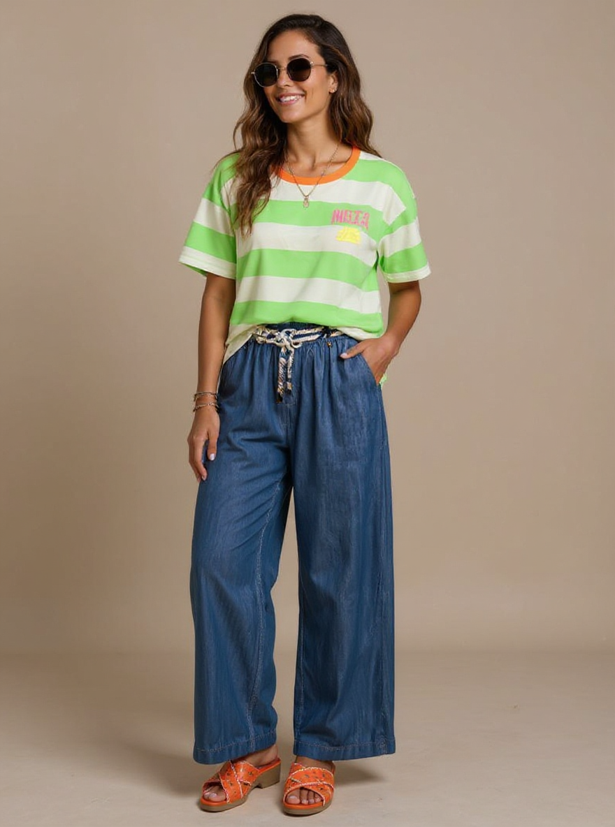 Wijd vallende zomer broek met ceintuur one size (Past tot mt 40)