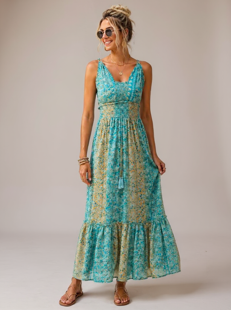 Boho maxi jurk Bibi aqua one size (past tot 42/44)