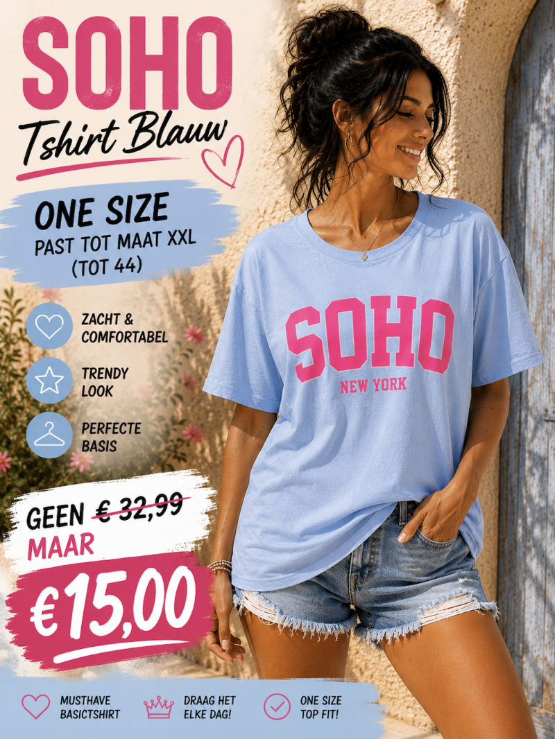 SOHO Tshirt Blauw One size past tot maat XXL (Tot 44)