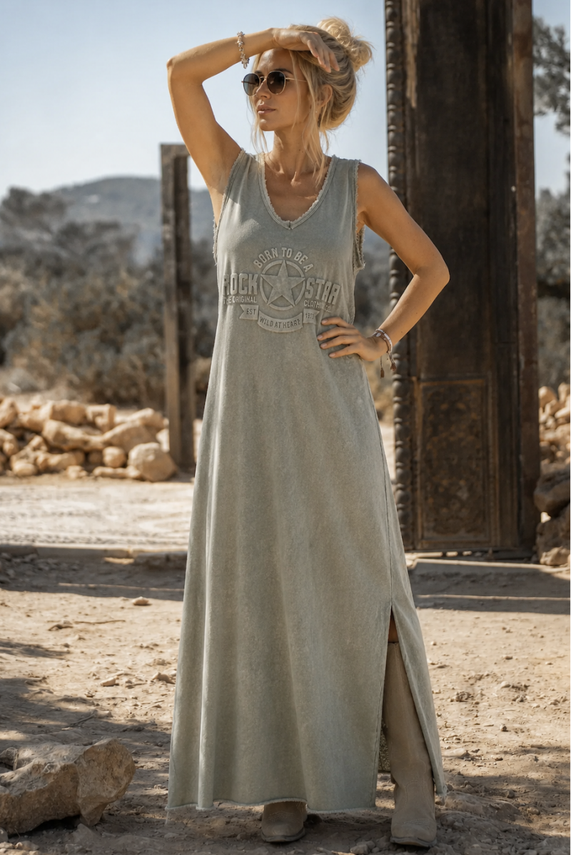 Vaal groen, mouwloze maxi-jurk Ibiza style one size (Past tot mt L 42)