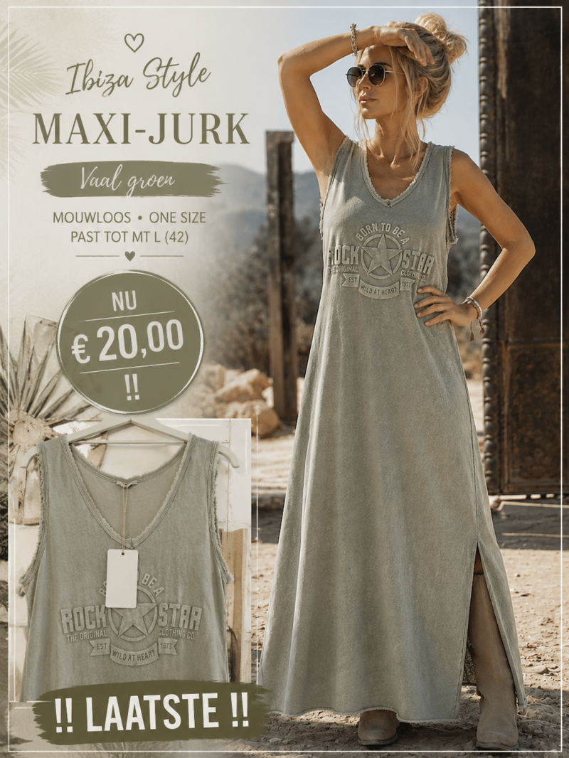 Vaal groen, mouwloze maxi-jurk Ibiza style one size (Past tot mt L 42)